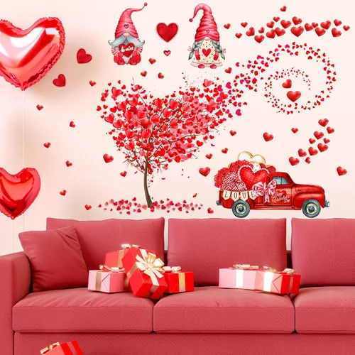 Vista 3 de Calcomanías de pared con diseño de gnomo rojo, para el día de San Valentín, árbol de corazón rosa, decoración del hogar, dormitorio, cuadros