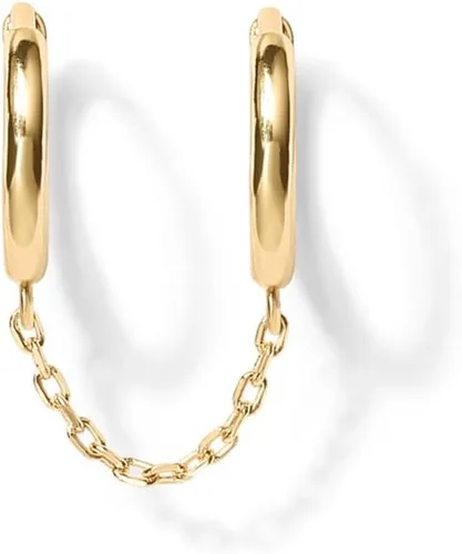 Vista 3 de PAVOI Aretes de cadena de oro de 14 quilates para mujer Aretes de aro de doble piercing Aretes de aro de perlas de circonita cúbica para mujer