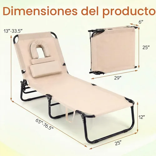 Vista 3 de Tangkula Sillón de playa, reclinable plegable para tomar el sol con agujero frontal, silla de bronceado boca abajo con respaldo ajustable de 4 Beige