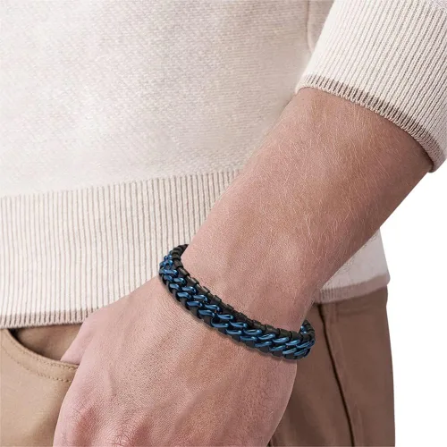 Vista 4 de Pulsera trenzada de cadena de acero con eslabones de cuero genuino para hombre