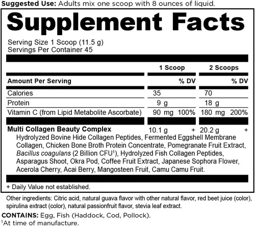 Vista 2 de Ancient Nutrition Proteína de Colágeno en Polvo, Multi Collagen Protein Beauty Within, Guayaba Maracuyá, con Vitamina C, Péptidos de Colágeno