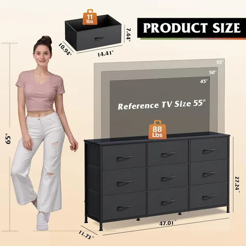 Vista 3 de WLIVE Cómoda de 47'' de ancho para dormitorio, Cómoda negra soporte de TV para TV de 45, 50, 55 pulgadas, Cómoda ancha con 9 cajones, Centro