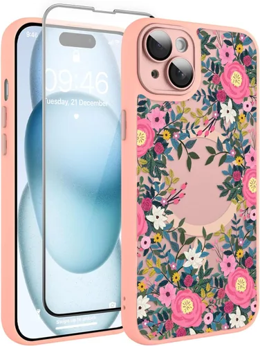Vista 138 de Funda magnética mejorada de 6.7 pulgadas para iPhone 14 Plus con protector de pantalla [compatible con MagSafe] bonito diseño de patrón floral