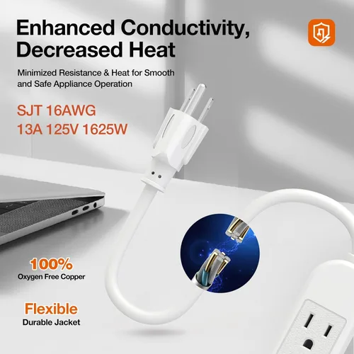 Vista 3 de Paquete de 2 regletas de alimentación de 3 clavijas, color blanco delgado, 3 tomas de tierra, cable de alimentación de extensión resistente de 1