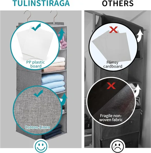 Vista 5 de 5-Layer Hanging Closet Organizer, Foldable Wardrobe Storage System with Drawers, Beige, Washable Sweater Storage Bag