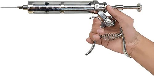 Vista 2 de 30ML/50ML Inyector de jeringa de ganado de acero inoxidable ajustable continuo Veterinario Pistola de inyección automática de vacuna para ganado