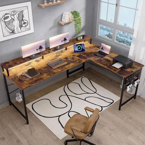 Vista 9 de Pamray Escritorio para juegos en forma de L de 64 pulgadas con tomas de corriente y luces LED, escritorio de esquina grande para computadora