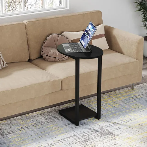 Vista 6 de Hosfais Mesa Auxiliar Pequeña, Mesa de Extremo en Forma de C, Mesa de Café de Madera para TV, Bandeja para Comer, Mesas para Sofá de Espacios Negro
