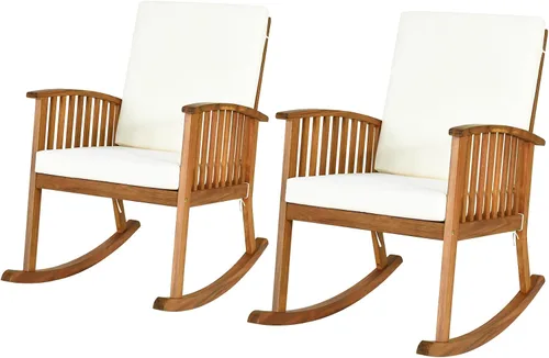 Mecedora de 2 piezas para exteriores, silla mecedora de madera de acacia con asiento y cojín de respaldo, reposabrazos, cómoda mecedora de porche