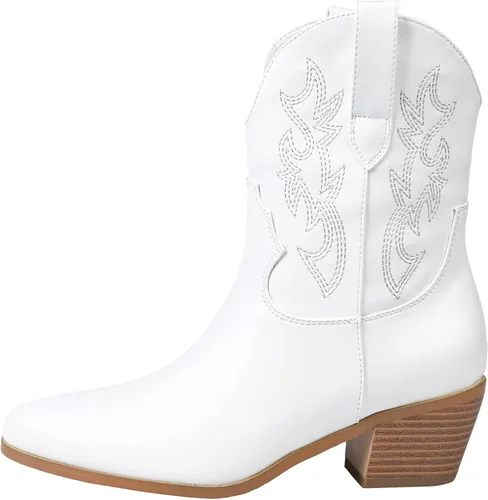 Vista 2 de STALOV Botas vaqueras occidentales para mujer, bordadas, plateadas, hasta el tobillo, punta puntiaguda, sin cierre, tacón de bloque, casual