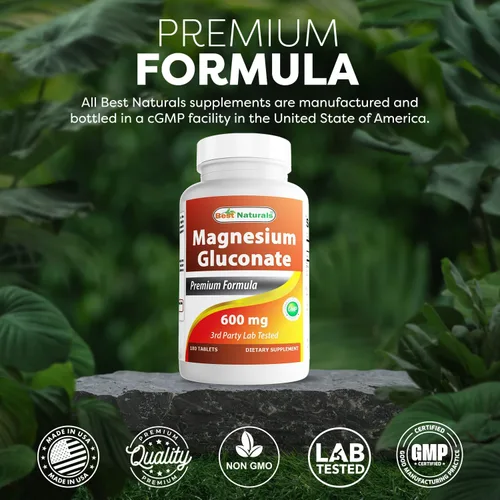 Vista 5 de Best Naturals Gluconato de magnesio (35 mg de magnesio elemental de 600 mg de gluconato de magnesio) 180 comprimidos