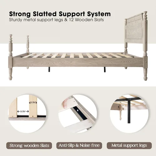 Vista 7 de Marco de cama de plataforma de madera maciza tamaño Queen con cabecero y estribo, patas de metal, 12 listones resistentes, fácil montaje