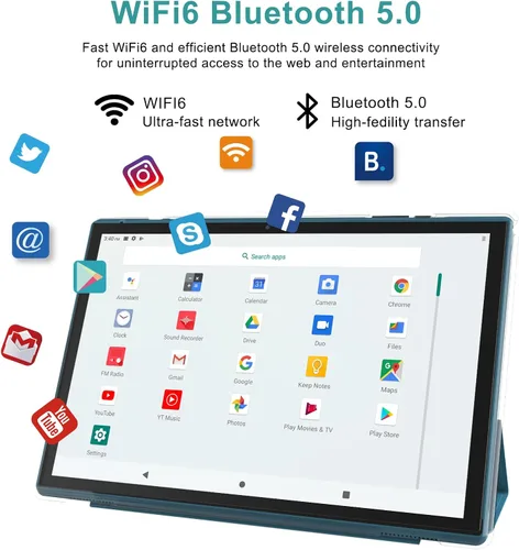 Vista 8 de Tableta de 10 pulgadas Android 15 con funda, 6GB RAM+32GB ROM+1024GB expansión, batería de 6000mah, cámara dual 2MP+8MP WiFi-6, pantalla táctil IPS