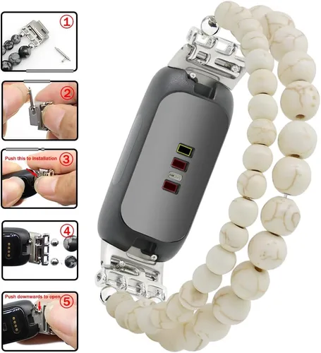 Vista 7 de C&L Accessories Brazaletes compatibles con Fitbit Inspire 3 para mujeres, pulsera con cuentas, correa de reemplazo ajustable con gemas Amazonita