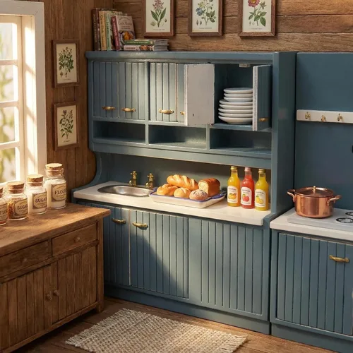 Vista 6 de Juego de cocina de casa de muñecas, muebles de madera en miniatura, gabinete de comedor, kit de cocina a escala 1/12, accesorios de casa de muñecas