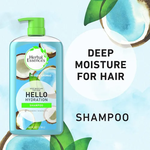Vista 3 de Juego de champú y acondicionador hidratante Herbal Essences, libre de parabenos, Hello Hydration, seguro para cabello tratado con color, coco, azul