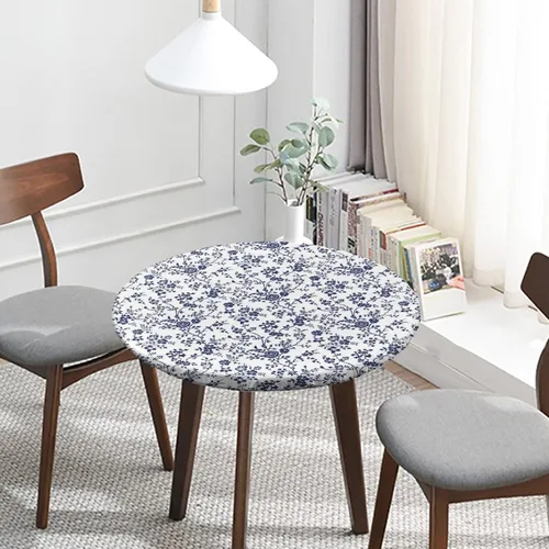 Vista 2 de Mantel redondo ajustable con borde elástico floral azul, mantel con borde elástico de estilo floral pastoral, almohadilla de mesa de poliéster