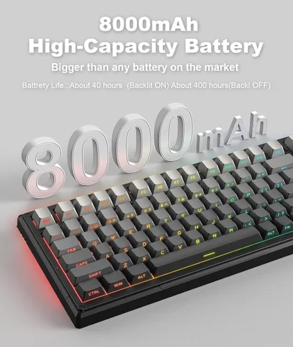 Vista 2 de Teclado mecánico inalámbrico para juegos, 8000mAh -Tri-Mode BT5.02.4GHzUSB-C 75% teclado personalizado intercambiable en caliente, retroiluminación