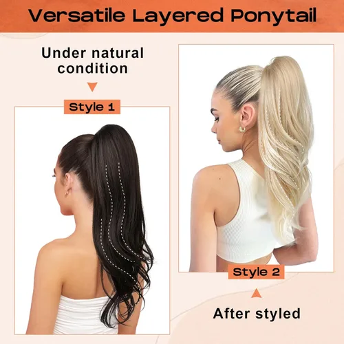 Vista 2 de SEIKEA Extensión versátil de cola de caballo con cordón, 18 pulgadas de largo, ondulado, con clip de varias capas, extensiones de cabello de cola