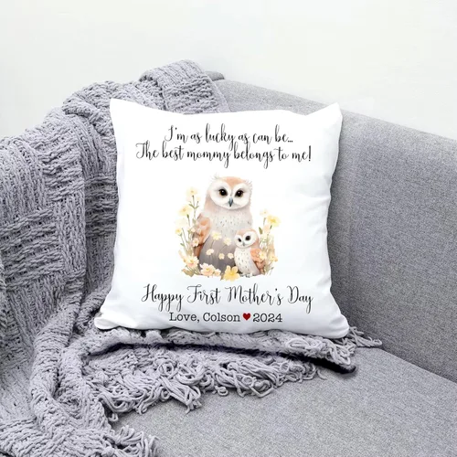 Vista 3 de Funda de almohada personalizada para el primer día de la madre, diseño floral de búho, funda de almohada personalizada para el día de la madre