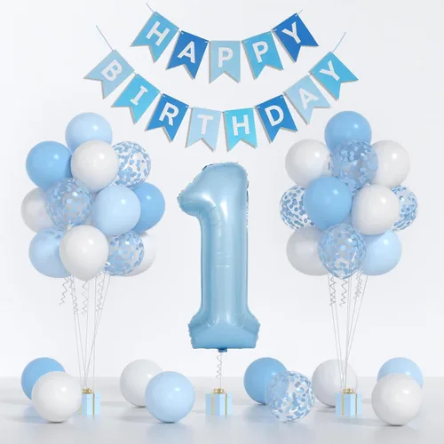 Vista 15 de Decoraciones de Segundo Cumpleaños para Niño - Globos Azules y Blancos de 12 Pulgadas, Globo Azul de 40 Pulgadas con 2 Globos, Bandera de Feliz