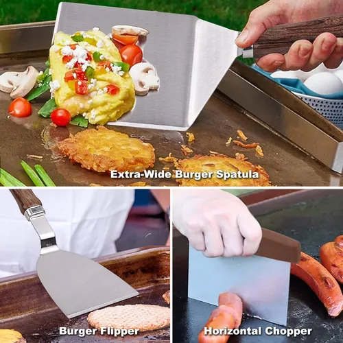 Vista 4 de ROMANTICIST Juego de 29 accesorios para plancha – Juego de espátula de teppanyaki con parte superior plana con raspador, cubierta de hilvanado