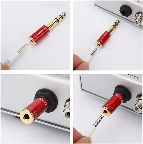 Vista 7 de MOBOREST Adaptador de Cobre Puro Macho de 1/4 a Hembra de 1/8, Adaptador Estéreo Macho de 6.35mm a Conector Hembra de 3.5mm, Paquete de 2 Rojo