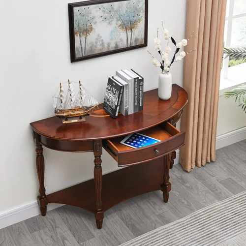 Vista 62 de PADMA HOUSE Mesa de sofá semicírculo tradicional de madera maciza con tapa de vidrio templado para sala de estar, nogal cereza