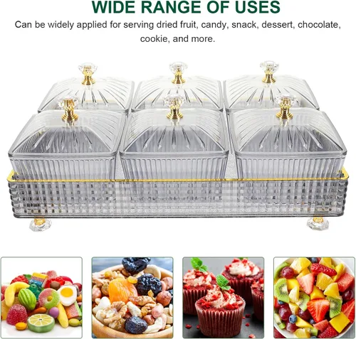 Vista 8 de Ipetboom Bandeja de frutas secas con tapa, 6 compartimentos para servir nueces y dulces, bandeja de aperitivos, caja de almacenamiento de alimentos