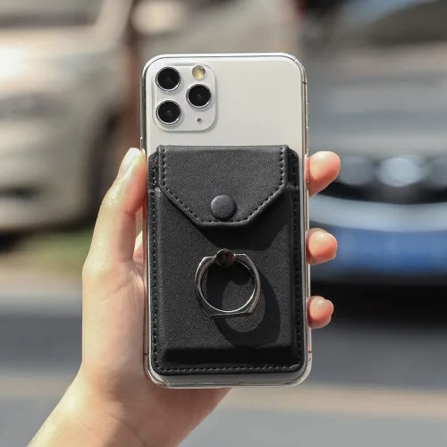 Vista 2 de Soporte para anillo en la cartera para teléfono celular, billetera delgada de cuero con tarjeta de crédito, funda de bloqueo RFID, color negro