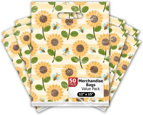 Bolsas de mercancía de diseño de girasoles y abejas de 12 x 15 pulgadas, 50 unidades, con asas troqueladas, bolsas de compras impresas de primera