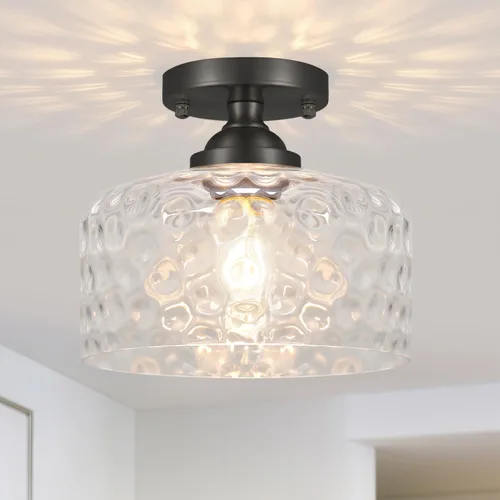 Vista 10 de Lámpara de techo semiempotrada dorada, lámpara de techo de latón antiguo con vidrio, lámpara de interior cerca del techo, accesorios de luz