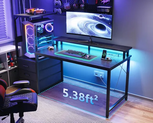 Vista 2 de AODK Escritorio para juegos de 52 pulgadas con puertos de carga USB y luz LED, escritorio reversible para computadora con estantes de almacenamiento