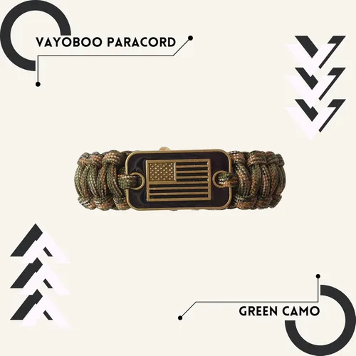 Vista 2 de Pulsera de paracaídas VAYOBOO - Pulsera táctica de supervivencia para hombres con bandera de EE. UU. de bronce - 3 tamaños ajustables - Camuflaje