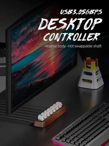 Vista 5 de Walnut Wood Hub USB 3.0 alimentado por 7 puertos, transferencia de datos de 5 Gbps, expansor de interruptor de teclado mecánico de 3 pines