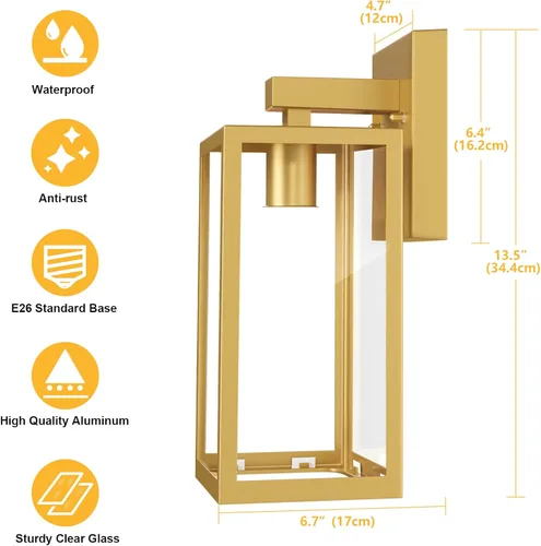 Vista 6 de MAXvolador Farol de pared para exteriores, aplique de pared impermeable exterior, lámpara de pared dorada antioxidante con pantalla de vidrio