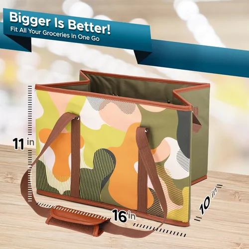 Vista 3 de Bolsas reutilizables para compras de comestibles, grandes, bolsas plegables resistentes para carritos, asas largas, parte inferior reforzada