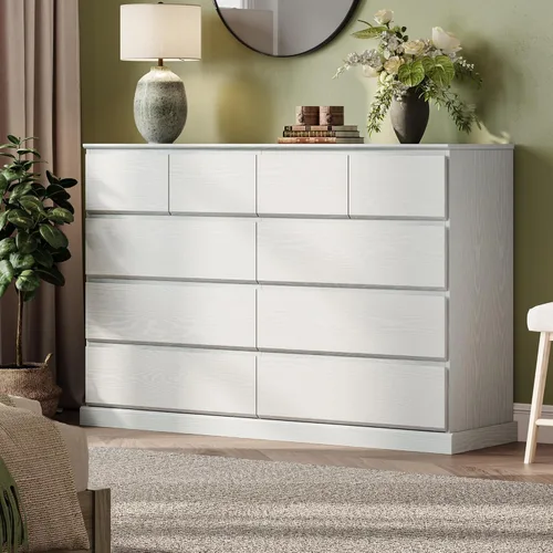 Vista 23 de LINSY HOME Cómoda de 8 cajones para dormitorio, cómoda de 53 pulgadas de ancho, modernos cajones de madera de granja con almacenamiento, organizador