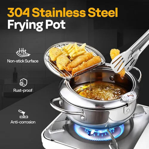 Vista 2 de VIVOHOME Olla de Freidora Profunda de 9.8 Pulgadas 3.2 L de Acero Inoxidable 304 con Pinza, Sartén para Tempura con Termómetro para Pollo, Pescado