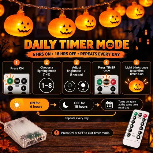 Vista 4 de Guirnalda de luces de calabaza de Halloween, 20 pies, 40 LED, control remoto, 8 modos