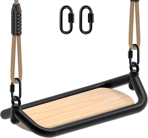 Vista 9 de SELEWARE Columpio de madera colgante, asiento de columpio de 17.5 x 8.2 pulgadas con cadena y 2 mosquetones, columpio de árbol de madera
