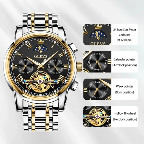 Vista 6 de OLEVS Relojes mecánicos automáticos para hombre, cuerda automática, impermeable, de acero inoxidable, reloj de pulsera de lujo costoso, pulsera
