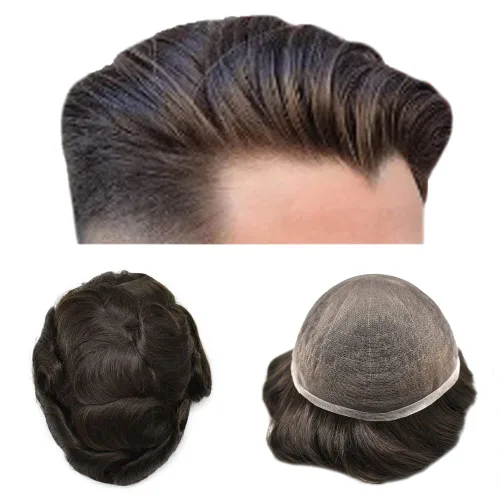 Vista 70 de Toupee - Sistema de reemplazo de piezas de cabello humano real, encaje suizo suave frontal para hombre, nudo blanqueado, línea capilar natural