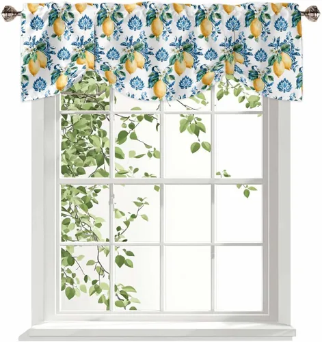 Cenefa para ventana – Cenefa semitransparente filtrante de luz, cortinas pequeñas con textura de limón, flores azules, sala de estar, baño, amarre