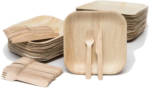 Platos de bambú con cubiertos – Juego de 50 platos (8 pulgadas) + 50 tenedores + 50 cuchillos | Platos biodegradables de hoja de palma | Platos