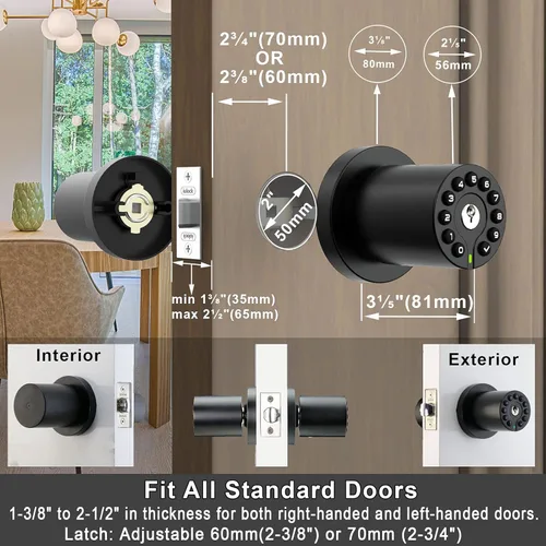 Vista 6 de Pomo de Puerta con Teclado y Llave, Cerradura de Puerta sin Llave, Cerradura de Código, Llave de Puerta, Bloqueo Automático, Código de 50 Usuarios