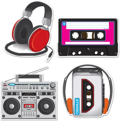 Beistle 4 piezas de papel I Love The 80's Cassette Player Cut Out Retro 1980's Party Supplies Music Theme Decoración de pared, 12 - 14 pulgadas,