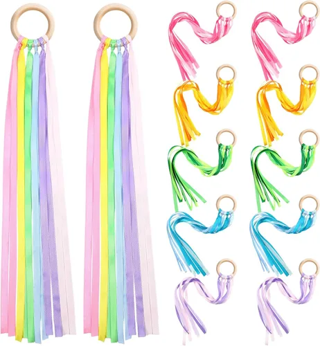 Vista 8 de Deekin 12 piezas de cinta de arco iris de madera Waldorf juguetes creativos Waldorf juego de cometas de mano serpentinas con anillo de madera