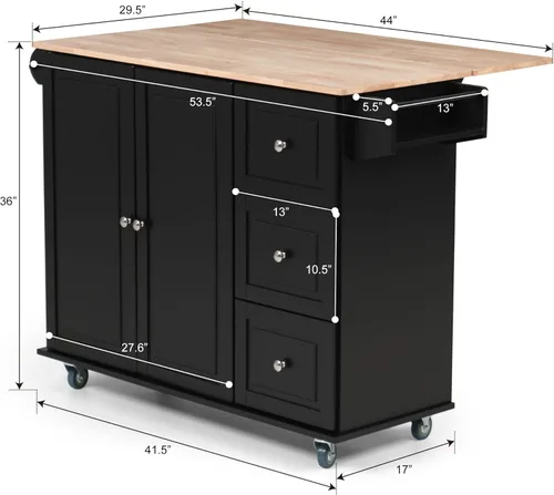 Vista 7 de PHI VILLA Isla de cocina negra rodante con almacenamiento, carrito de cocina portátil con hojas caídas sobre ruedas