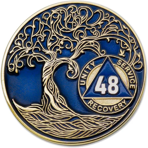 Vista 150 de 1 año Sobriety Mint Twisted Tree of Life Medallón de recuperación AA chapado en oro, chip/ficha - negro